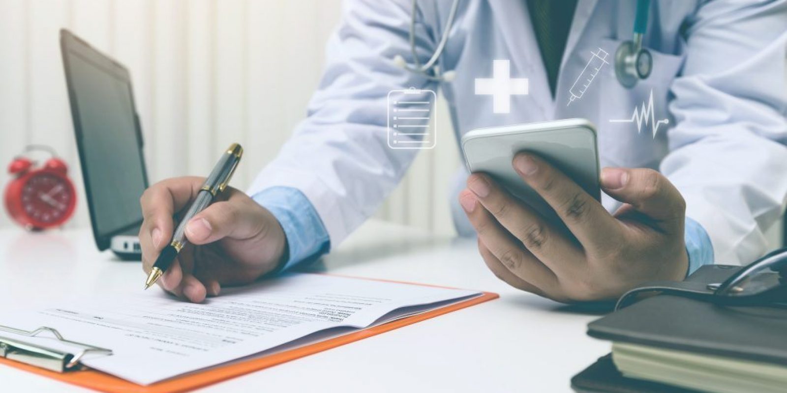 Medic working with modern smart phone, Medical network concept;