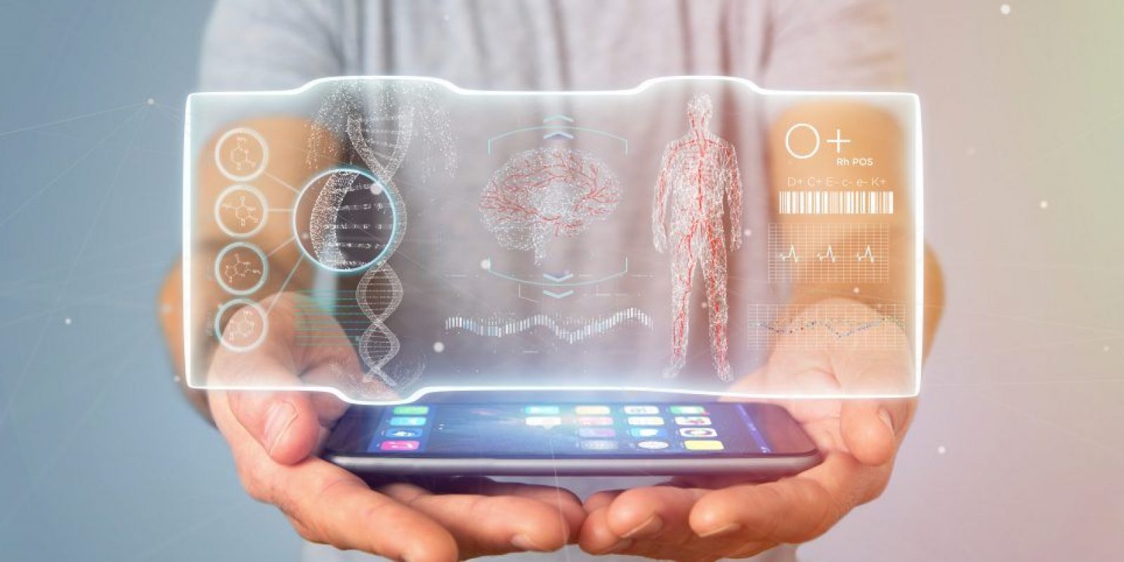 Businessman holding a Futuristic template interface hud