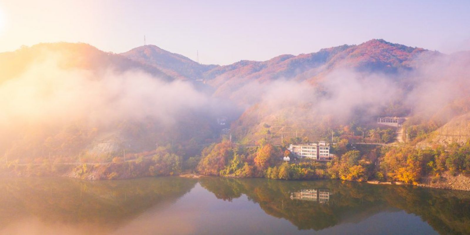 Aerial view. Sunrise Autumn at Nami island ,Seoul Korea