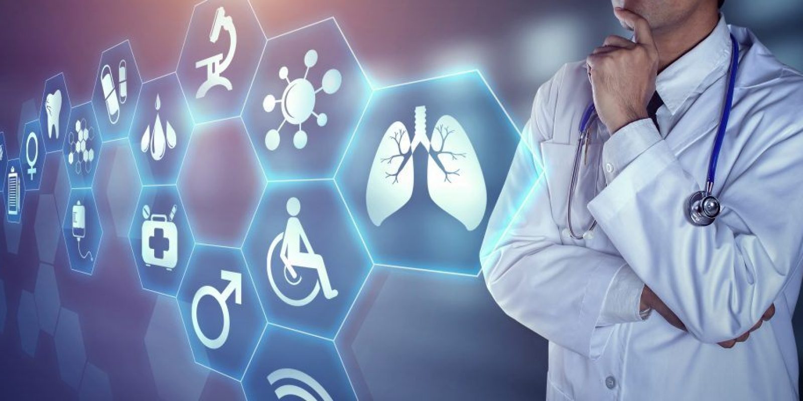 Doctor with stethoscope touching the digital icons