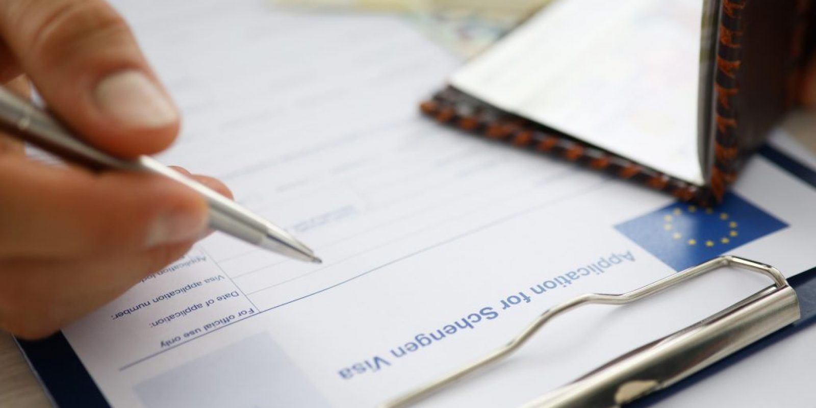 Male hand hold silver pen with passport