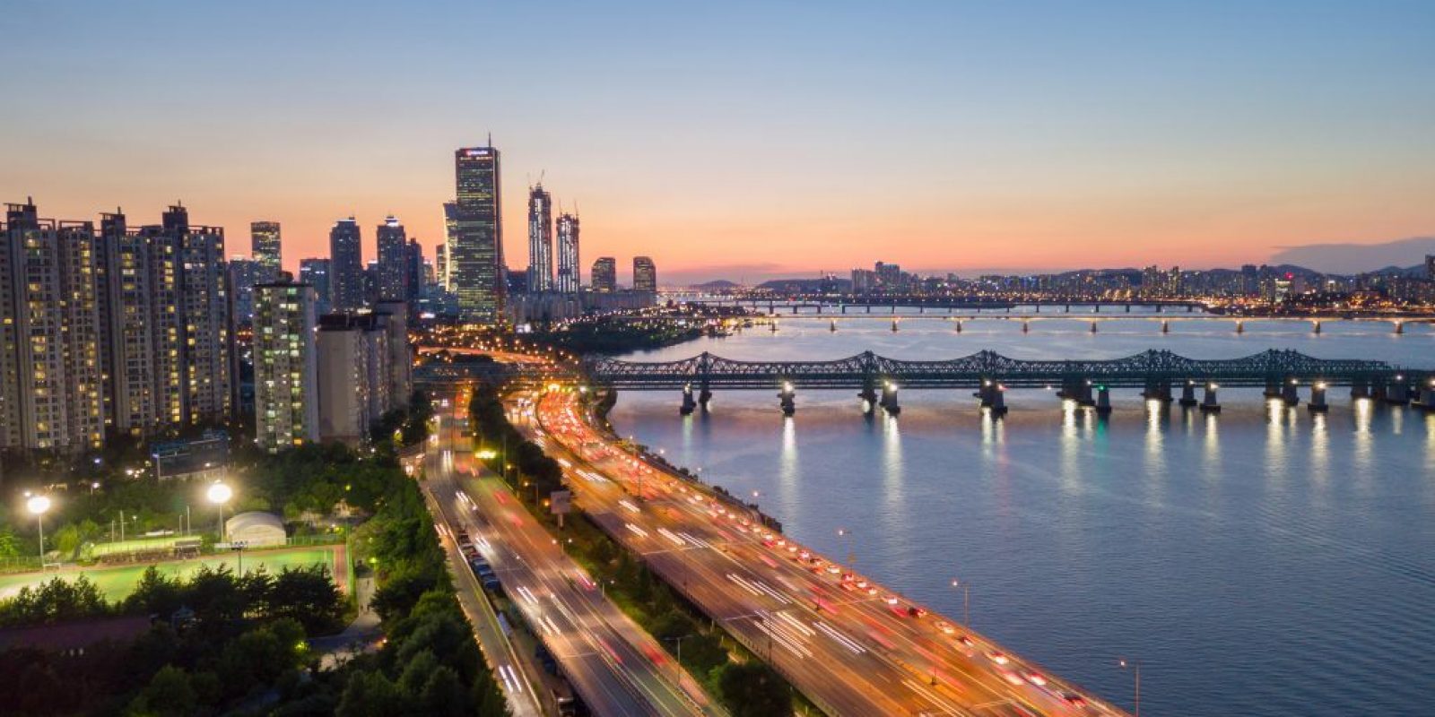 Aerial view of Sunset at Seoul City Skyline,South Korea.