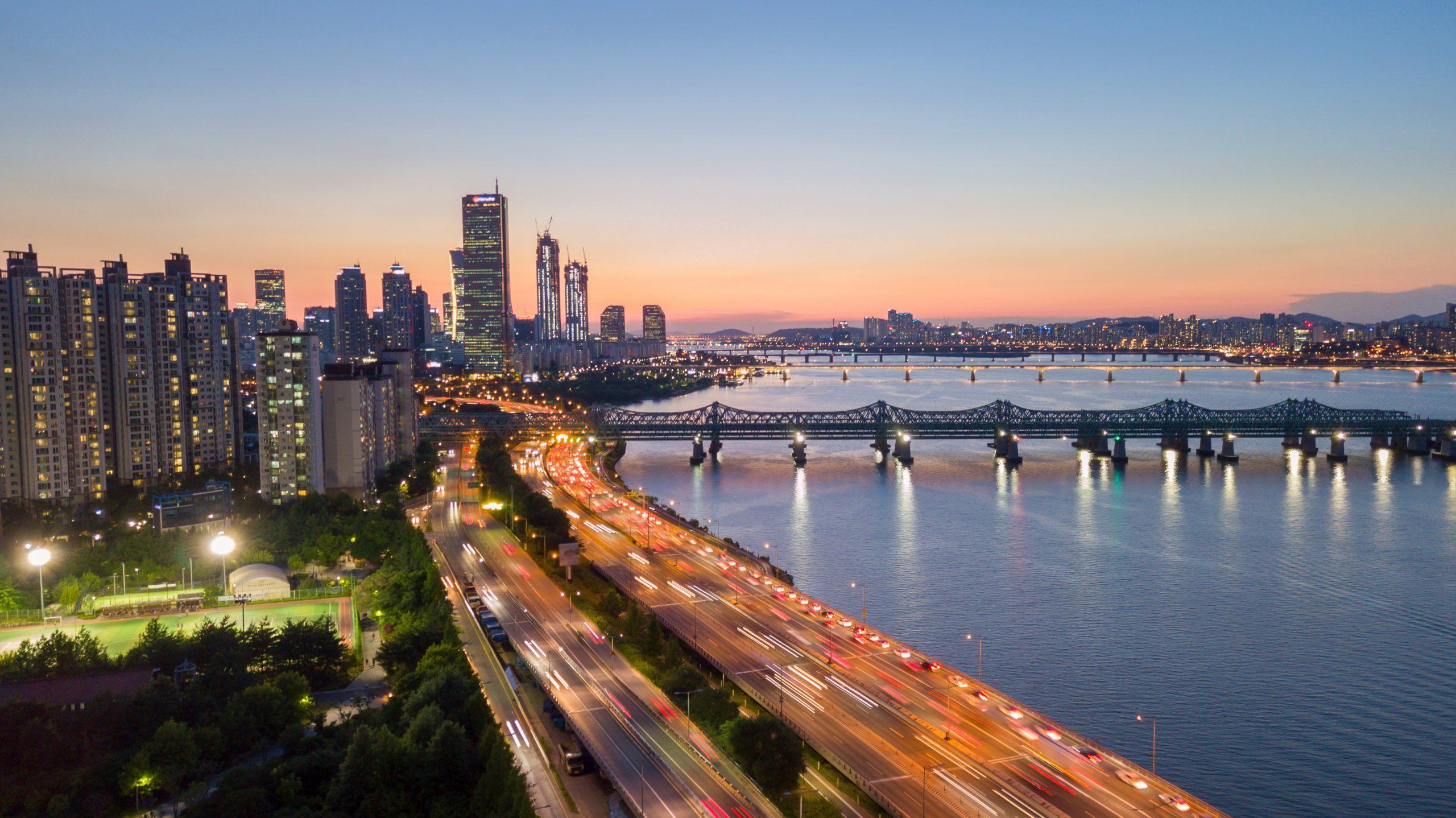 Aerial view of Sunset at Seoul  City  Skyline South Korea 