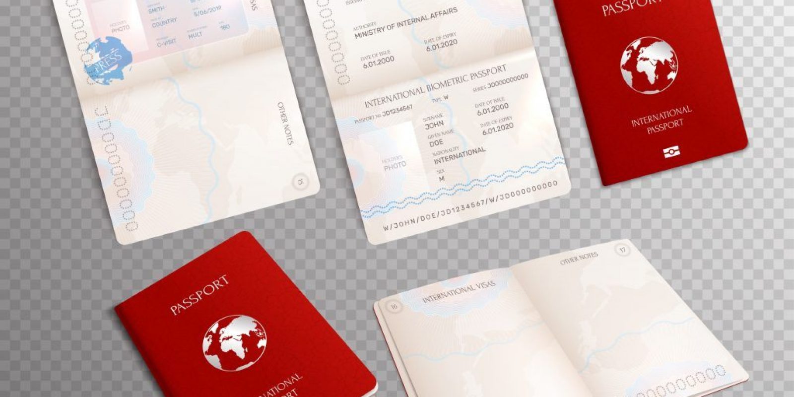Biometric Passport Mockup Transparent Set