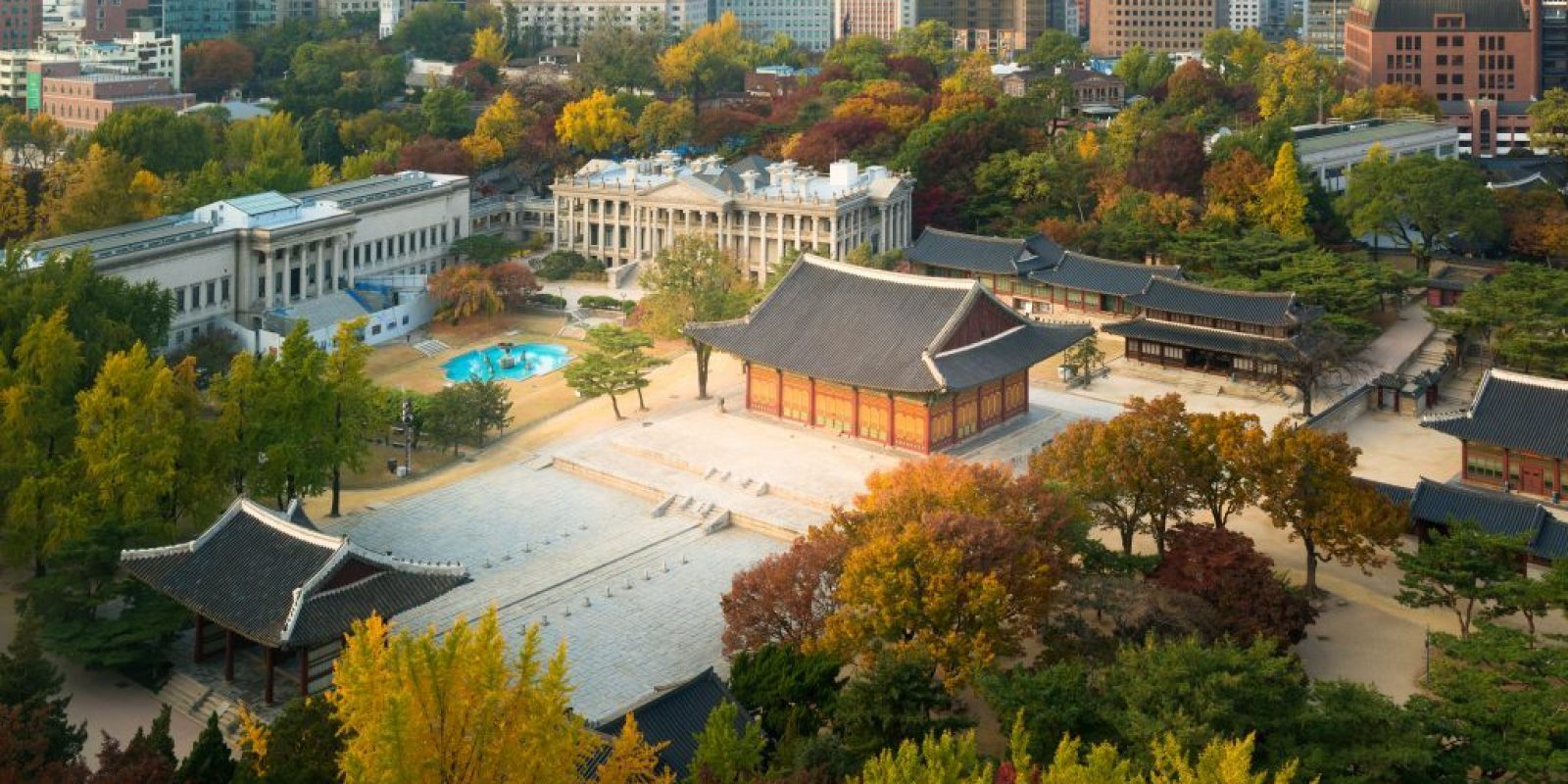 Deoksugung Palace and Seoul city in autumn season in Seoul, Sout