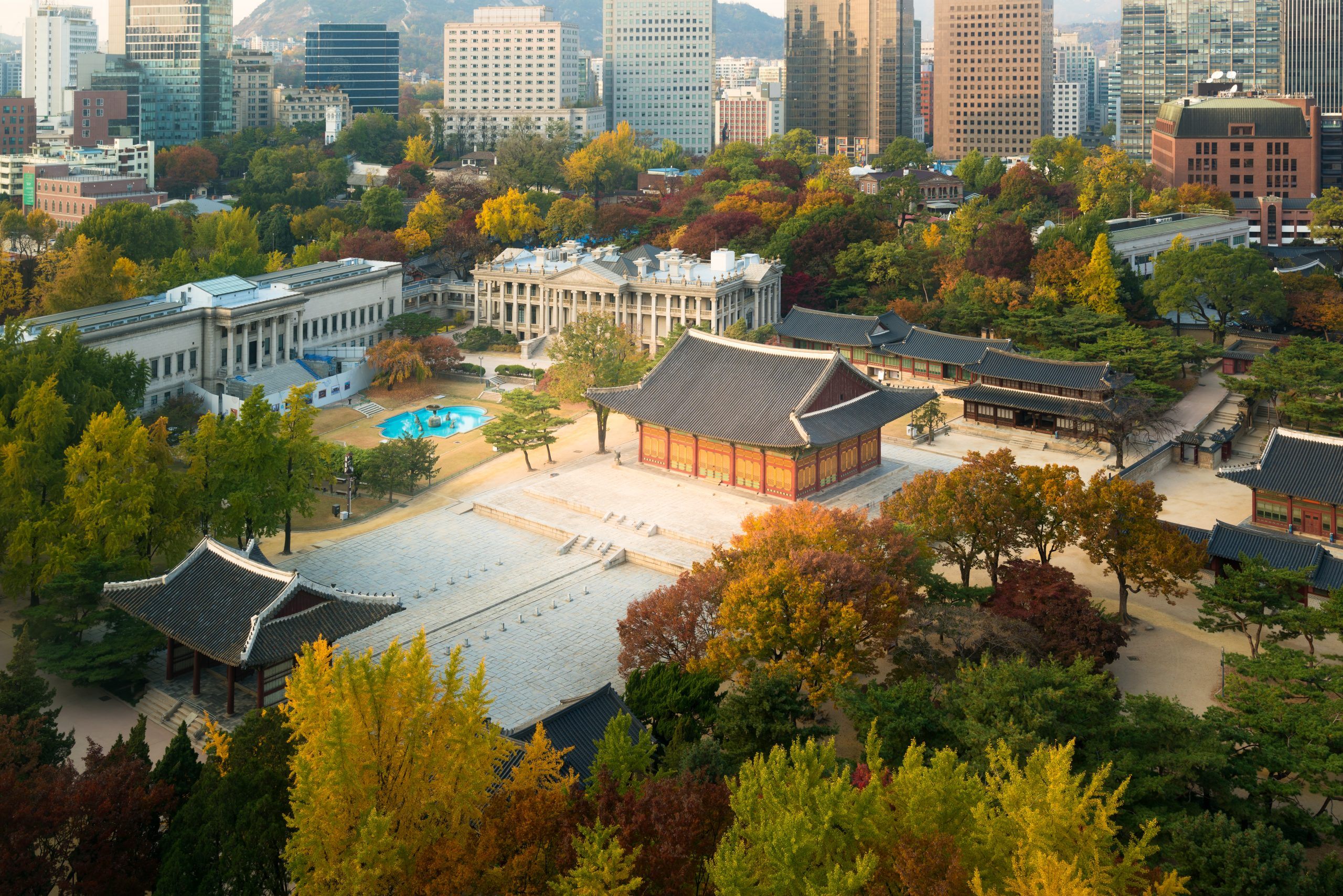 Deoksugung Palace and Seoul city in autumn season in Seoul, Sout