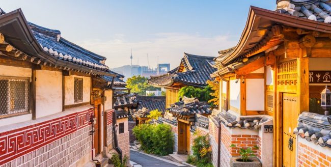 Sunrise of Bukchon Hanok Village in Seoul, South Korea