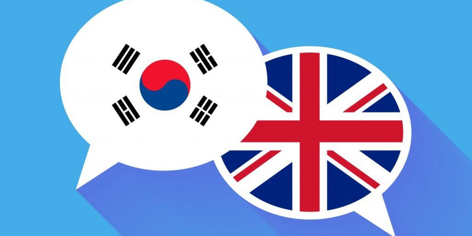 Two white speech bubbles with South Korea and Great britain flags.